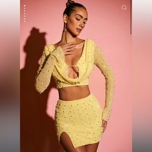 Co ord set: High Waist Thigh Split Mini Skirt &Long Sleeve Deep Plunge Crop Top